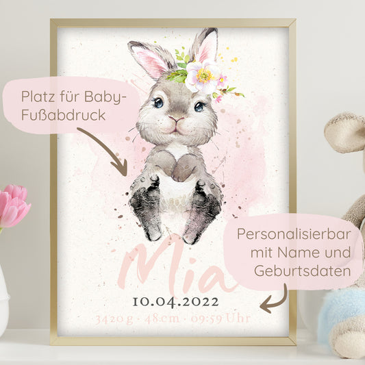 Baby Geburtsposter Hase | personalisiert mit Platz für Fußabdruck