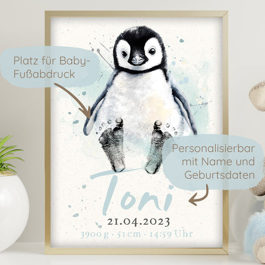 Baby Geburtsposter Pinguin | personalisiert mit Platz für Fußabdruck