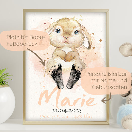 Baby Geburtsposter Hase Schlappohr | personalisiert mit Platz für Fußabdruck