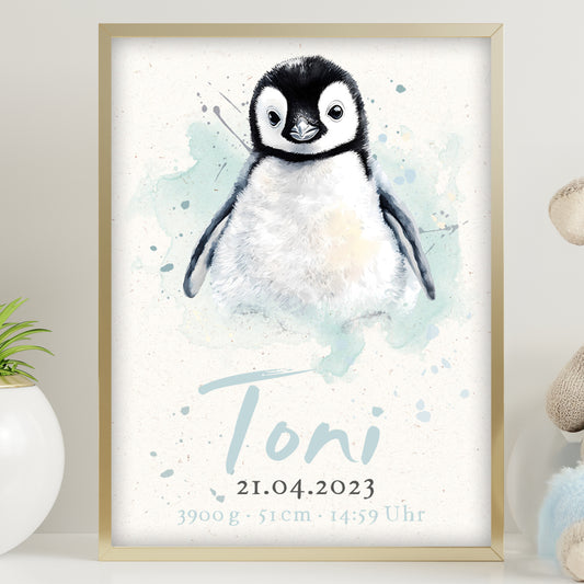 Baby Geburtsposter Pinguin | personalisiert mit Platz für Fußabdruck