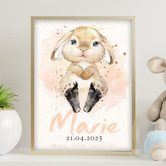 Baby Geburtsposter Hase Schlappohr | personalisiert mit Platz für Fußabdruck